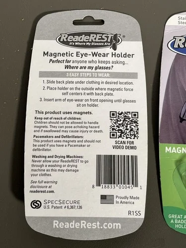 3X Readerest Magnetic Eye-Wear Holder ( Stainless Steel ) MADE IN USA New Sealed 3