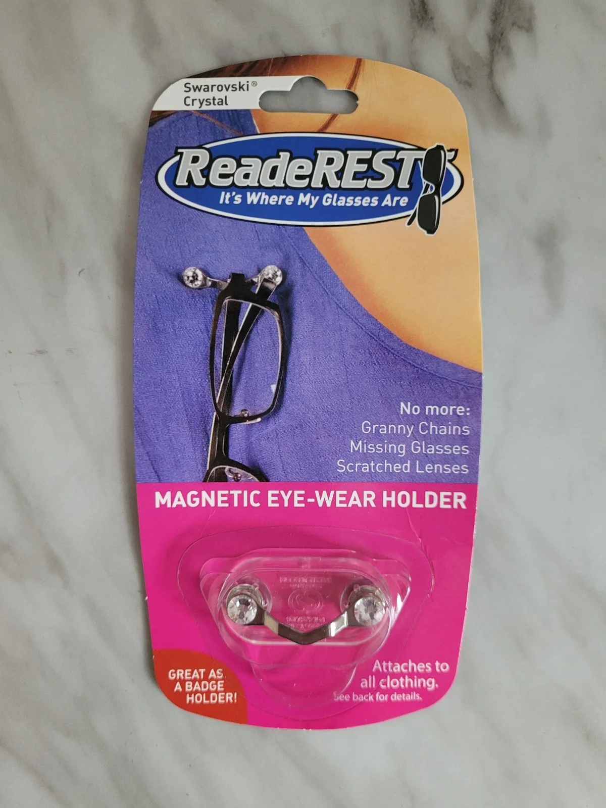 Readerest Magnetic Eye Wear Holder Silver Swarovski Crystals Made in USA